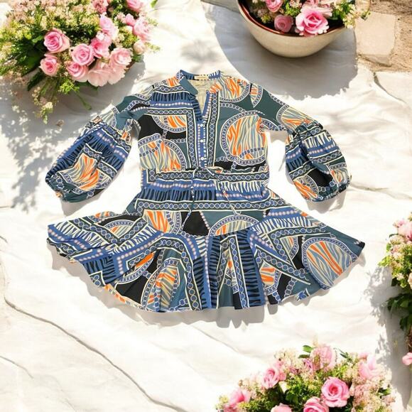 Boutique Printed Balloon Sleeve Coastal Dress Tie Waist Mini Flare Size Small - Picture 4 of 13